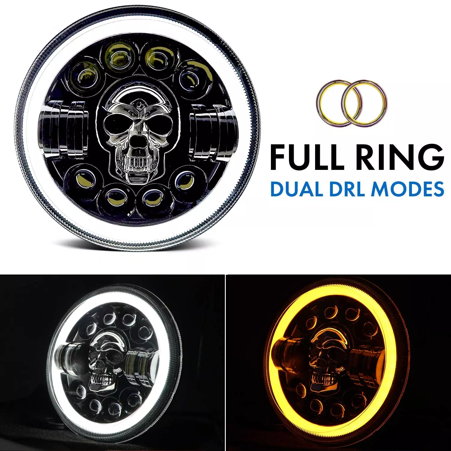AllExtreme EX7ISK2 17.78 cm (7 Inch) Full Ring Round White LED Skull Designed Headlight with Hi/Low Beam with Angel Eye Lamp Compatible with Bullet, Harley Davidson Jeep Wrangler (75W, Pack of 2)