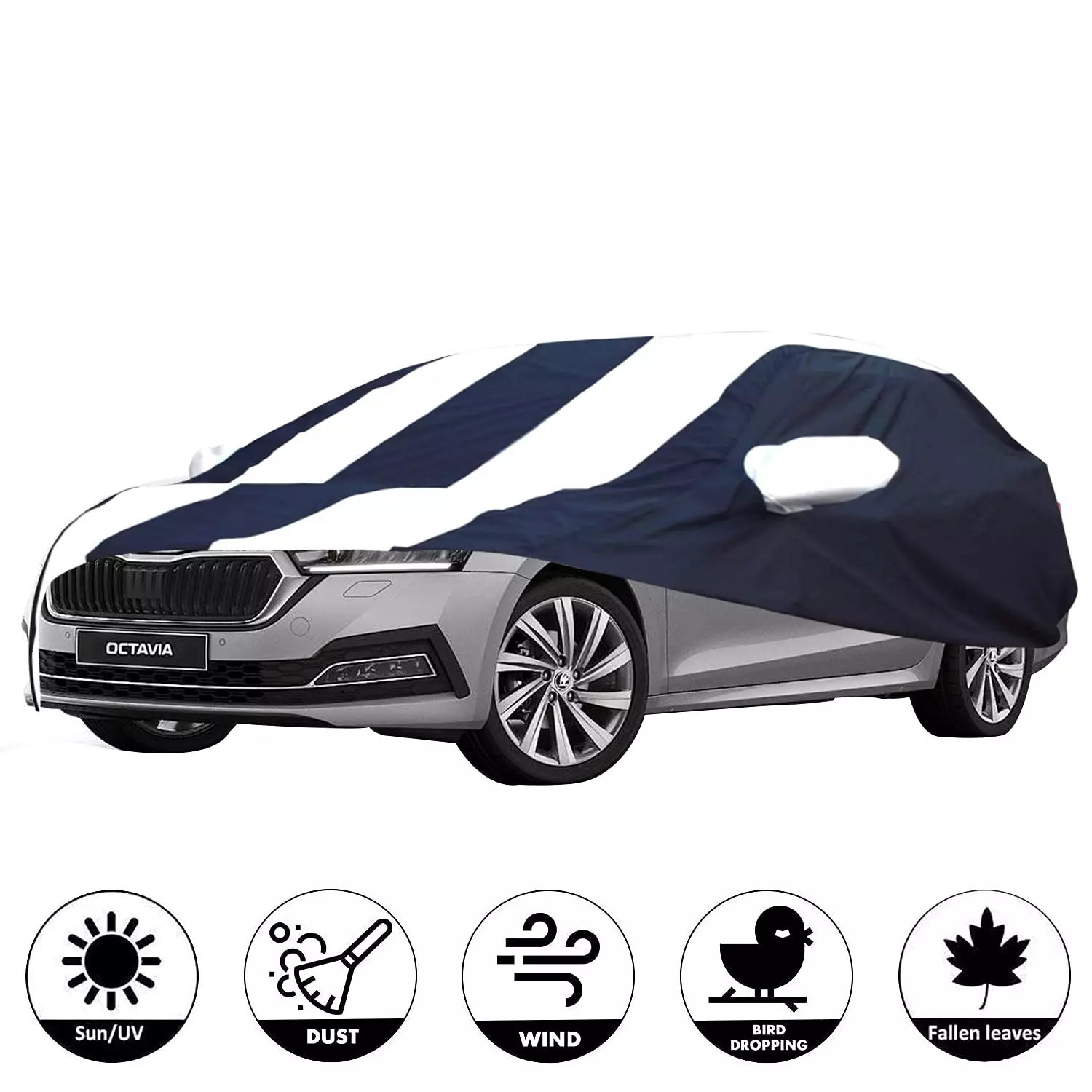 Buy Allextreme SOE5005 Car Body Cover Compatible with Skoda Octavia Custom Fit Dustproof UV Heat Resistant Indoor Outdoor Body Protection (Navy Blue & White with Mirror) from Industrybuying.com