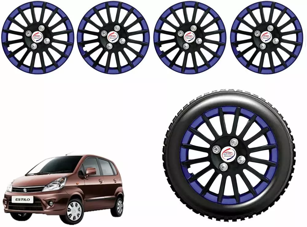 Auto Pearl CBB15 R13  33.02 cm (13 Inch) Press Type Wheel Hubcap with Retention Ring Glossy Black Blue Wheel Cover for Maruti NA (Set of 4)