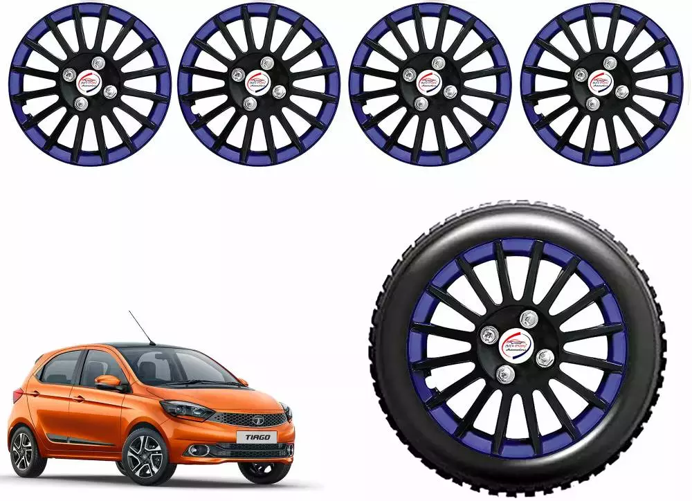 Auto Pearl CBB19 R13  33.02 cm (13 Inch) Press Type Wheel Hubcap with Retention Ring Glossy Black Blue Wheel Cover for Tata Tiago Revotron XM (Set of 4)