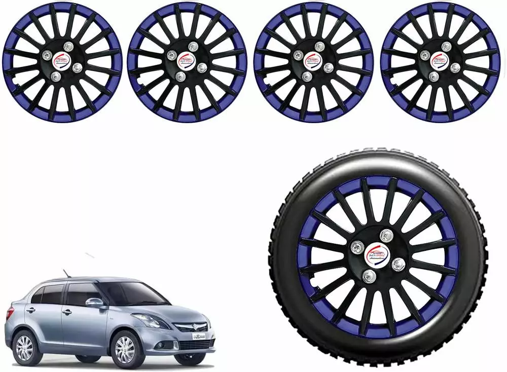 Auto Pearl CBB19 R14 35.56 cm (14 Inch) Press Type Wheel Hubcap with Retention Ring Glossy Black Blue Wheel Cover for Maruti Swift Dzire ZDI (Set of 4)