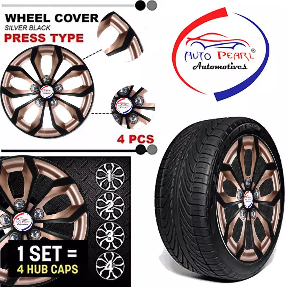 Auto Pearl Rev01 14 in 35.56 cm (14 Inch) ch PPress Type Wheel Cap Hubcap with Retention Ring|Glossy Gold Rev Wheel Cover for ford Figo (Set of 4)