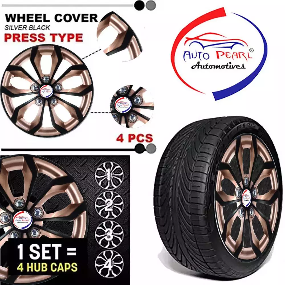 Auto Pearl Rev01 14 in 35.56 cm (14 Inch) ch PPress Type Wheel Cap Hubcap with Retention Ring|Glossy Gold Rev Wheel Cover for ford Figo (Set of 4)