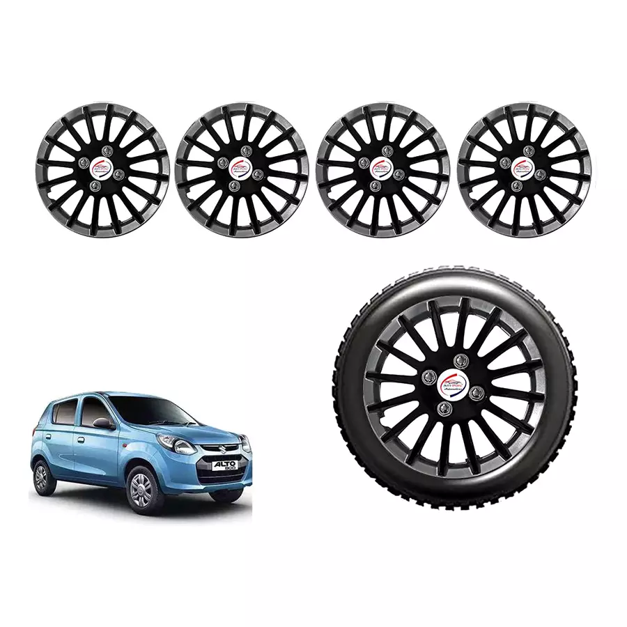 Auto Pearl CRv03_R Press Type Car Wheel Cover with Retention Ring 304.8 mm (12 Inch) Glossy Black, Silver for Maruti Alto 800 STD (Set of 4)