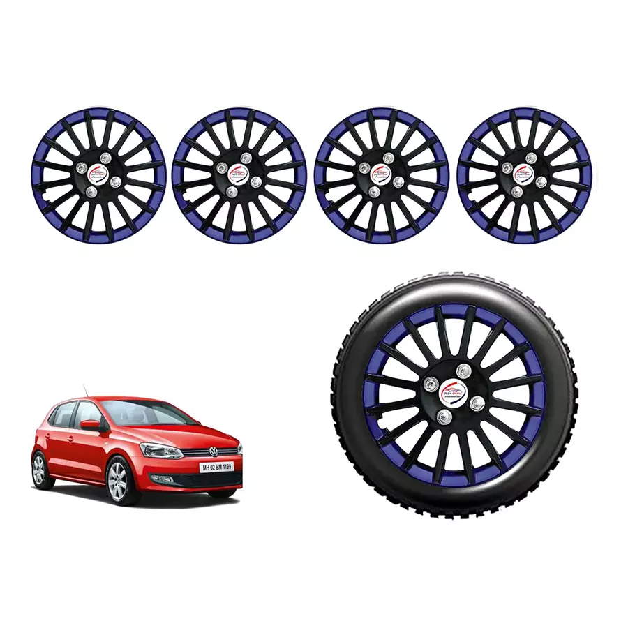 Auto Pearl cBB35_R Press Type Car Wheel Cover with Retention Ring 381 mm(15 Inch) Glossy Black, Blue for Volkswagen Polo (Set of 4)