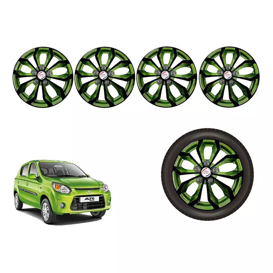 Auto Pearl BlkGn04_R Press Type Car Wheel Cover with Retention Ring 304.8 mm (12 Inch) Glossy Black, Green for Maruti Alto 800 VXI (Set of 4)