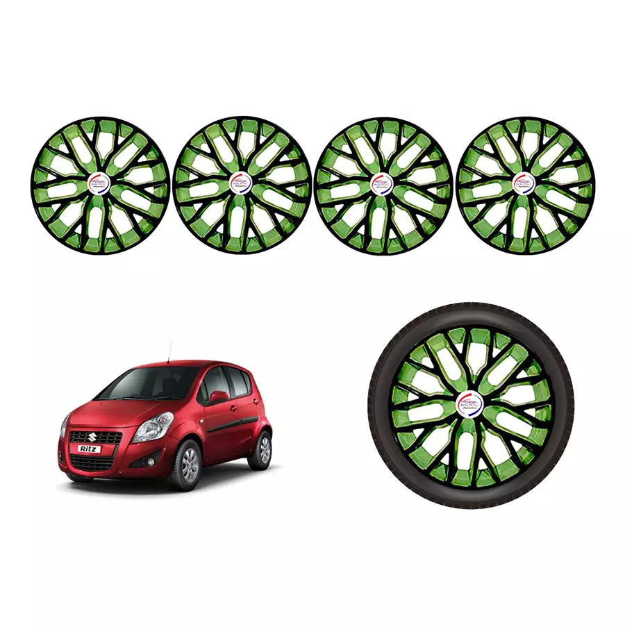 Auto Pearl BlkGn39_R Press Type Car Wheel Cover with Retention Ring 35.56 cm (14 Inch) Glossy Black, Green for Maruti Ritz AT (Set of 4)