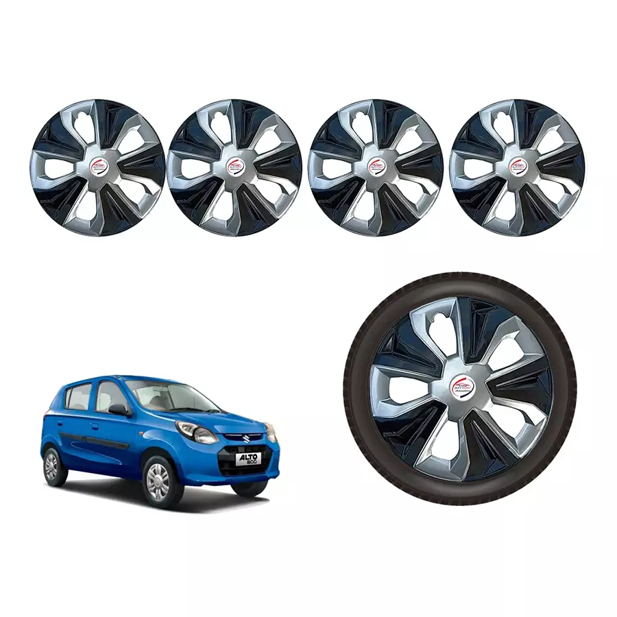 Auto Pearl SLBK02_R Press Type Car Wheel Cover with Retention Ring 304.8 mm (12 Inch) Glossy Silver, Black for Maruti Alto 800 (Set of 4)