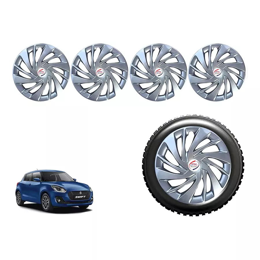 Auto Pearl Sil43_R Press Type Car Wheel Cover with Retention Ring 35.56 cm (14 Inch) Glossy Silver for Maruti New Swift (Set of 4)