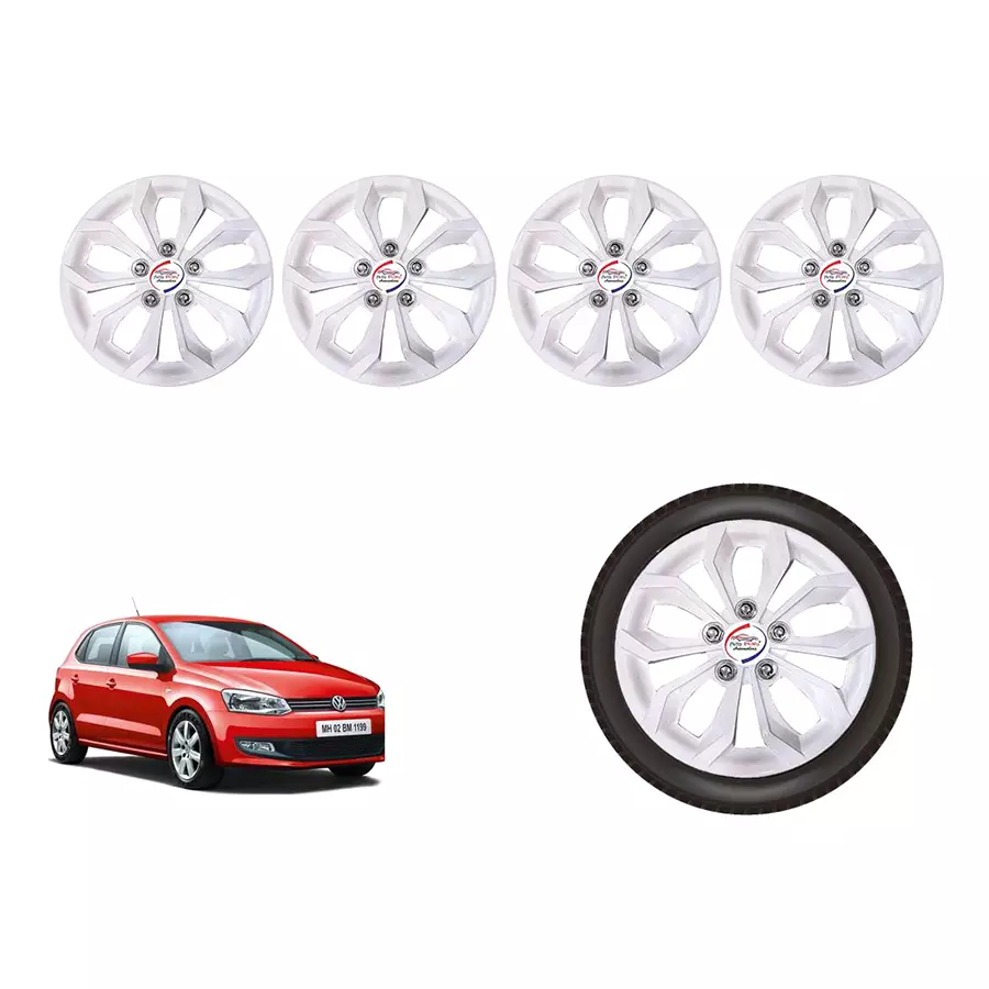 Auto Pearl White35_R Press Type Car Wheel Cover with Retention Ring 381 mm(15 Inch) Glossy White for Volkswagen Polo (Set of 4)