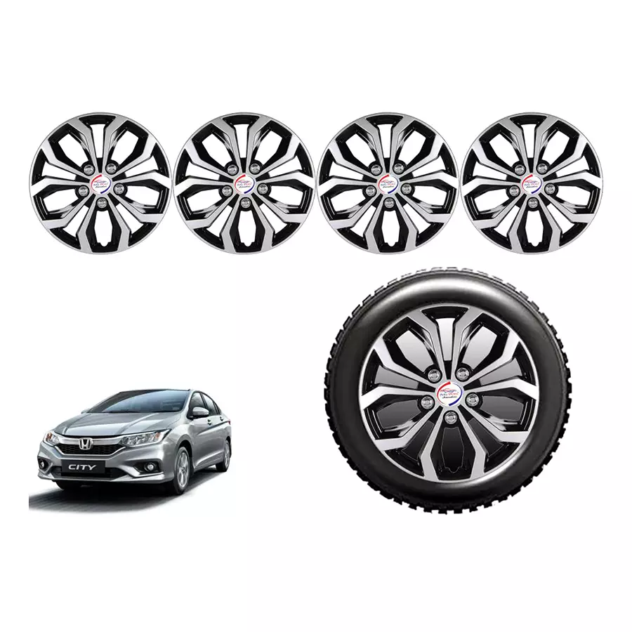Auto Pearl pDC09_R Press Type Car Wheel Cover with Retention Ring 381 mm(15 Inch) Glossy Silver, Black for Honda City i DTec E (Set of 4)