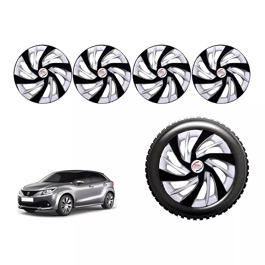 Auto Pearl BlkSil03_R Press Type Car Wheel Cover with Retention Ring 381 mm(15 Inch) Glossy Black, Silver for Maruti Baleno 1.2 Alpha (Set of 4)