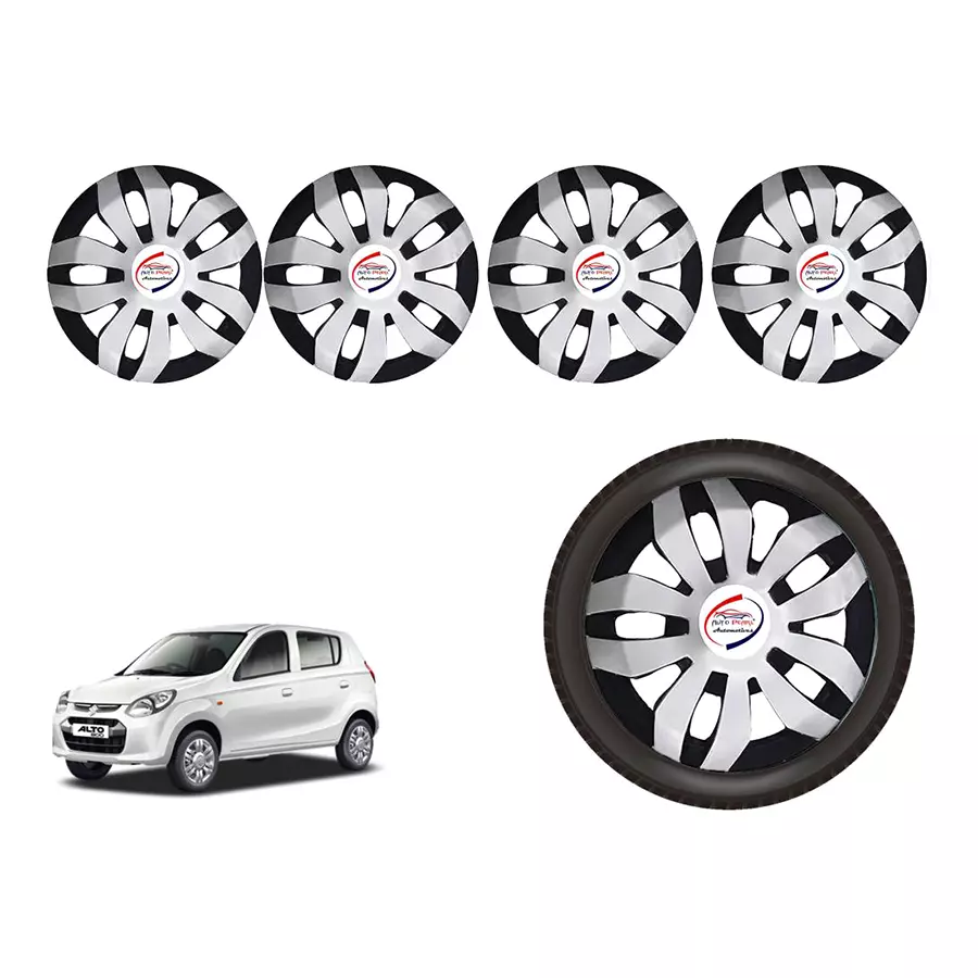 Auto Pearl SBK01_R Press Type Car Wheel Cover with Retention Ring 304.8 mm (12 Inch) Glossy Silver, Black for Maruti 800 (Set of 4)