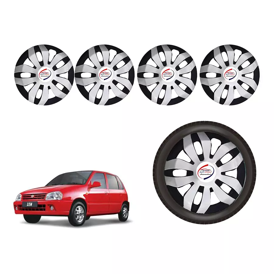 Auto Pearl SBK09_R Press Type Car Wheel Cover with Retention Ring 304.8 mm (12 Inch) Glossy Silver, Black for Maruti Zen (Set of 4)