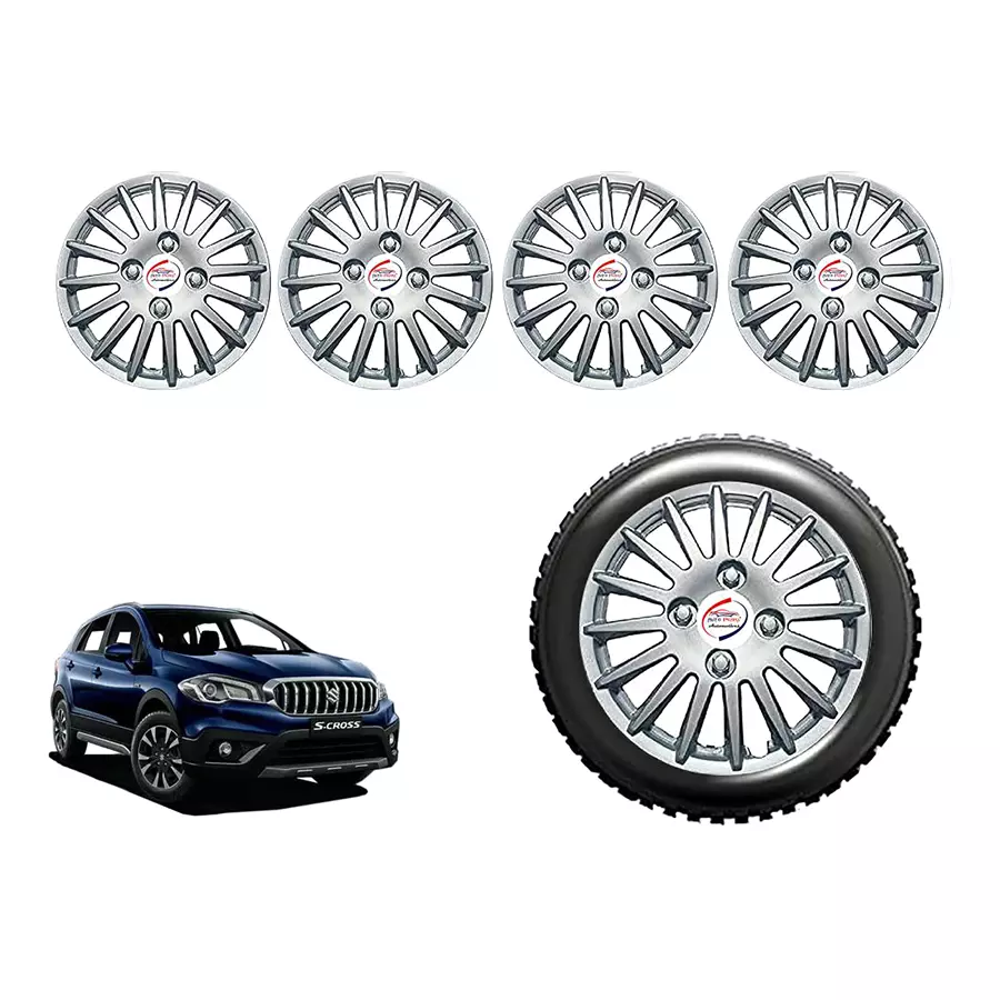 Auto Pearl cSil42_R Press Type Car Wheel Cover with Retention Ring 381 mm(15 Inch) Glossy Silver for Maruti S-Cross DDiS 200 Alpha (Set of 4)
