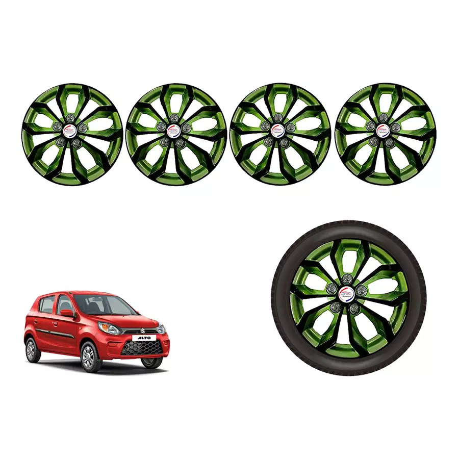 Auto Pearl BlkGn06_R Press Type Car Wheel Cover with Retention Ring 304.8 mm (12 Inch) Glossy Black, Green for Maruti Alto 800 STD (Set of 4)
