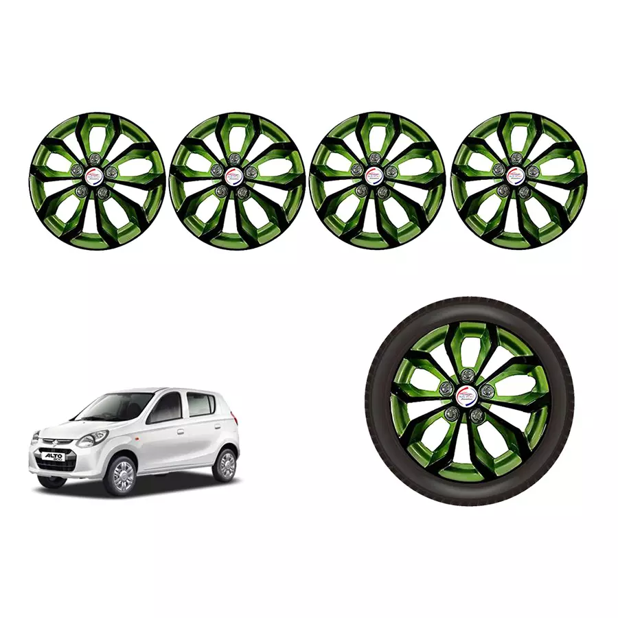 Auto Pearl BlkGn01_R Press Type Car Wheel Cover with Retention Ring 304.8 mm (12 Inch) Glossy Black, Green for Maruti 800 (Set of 4)