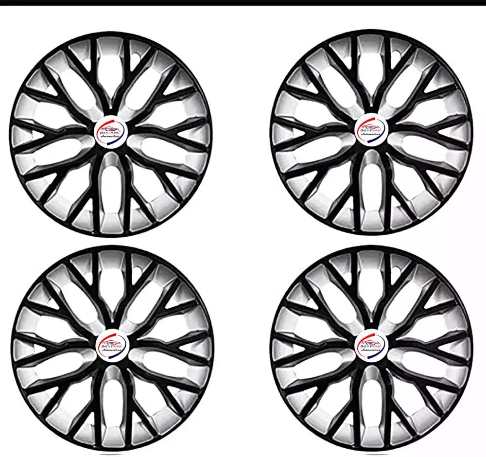 Auto Pearl B-S50 R14  355.6 mm(14 Inch) Press Type Wheel Hubcap with Retention Ring Glossy Black Silver Wheel Cover for Tata Tiago 1.2 Revotron XZ (Set of 4)