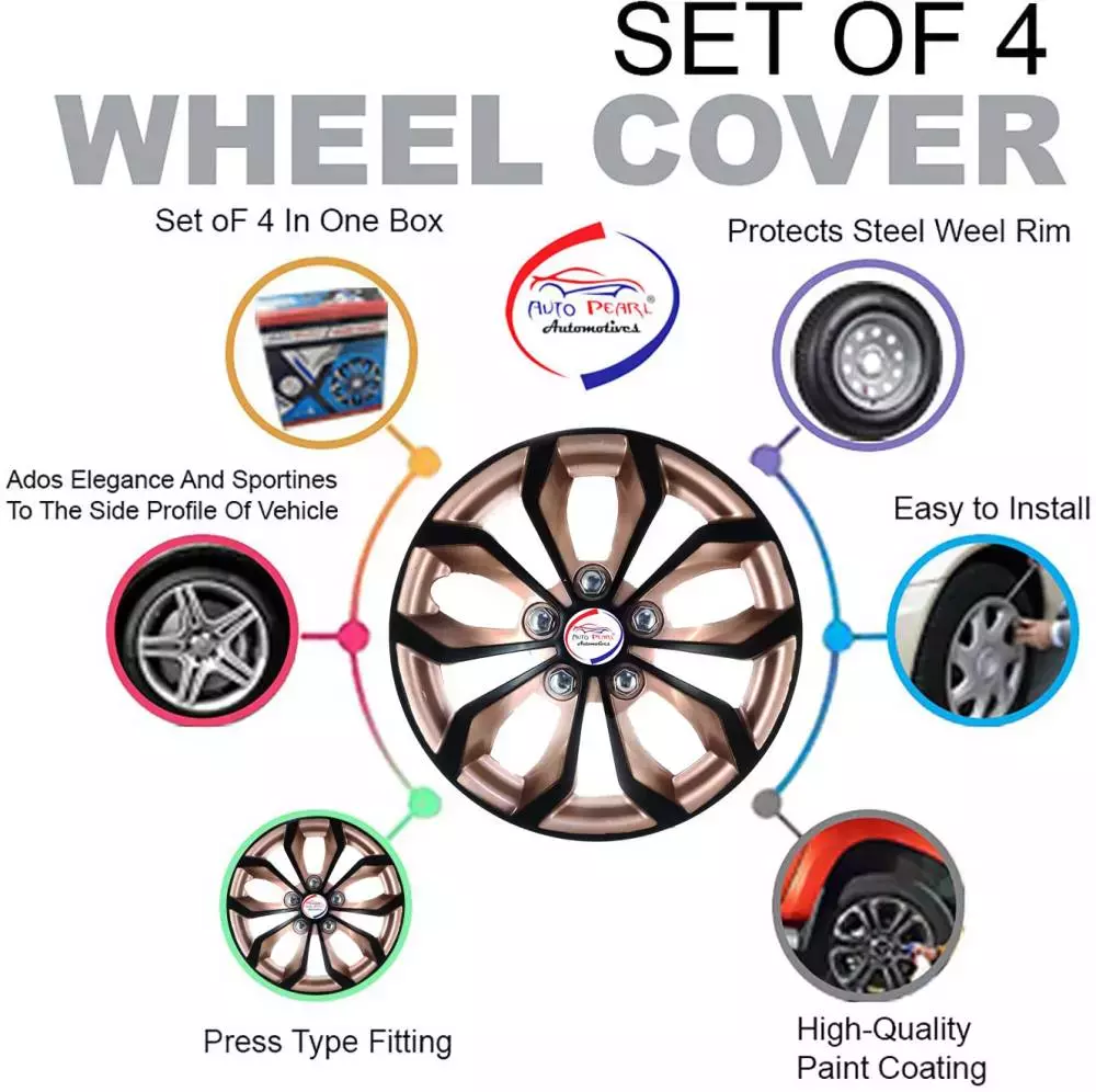 Auto Pearl Rev01 14 in 35.56 cm (14 Inch) ch PPress Type Wheel Cap Hubcap with Retention Ring|Glossy Gold Rev Wheel Cover for Renault Pulse (Set of 4)