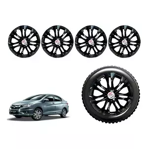 Auto Pearl InBlk08 R15 Press Type Wheel Hubcap with Retention Ring 381 mm(15 Inch) for Honda City (Pack of 4 Pcs)