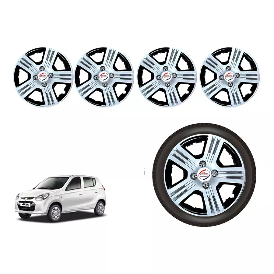 Auto Pearl iBlk01_R Press Type Car Wheel Cover with Retention Ring 304.8 mm (12 Inch) Glossy Silver, Black for Maruti 800 (Set of 4)