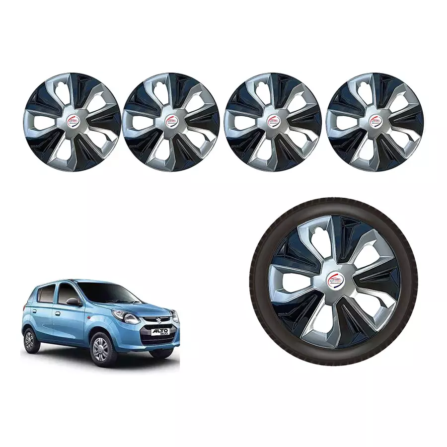 Auto Pearl SLBK03_R Press Type Car Wheel Cover with Retention Ring 304.8 mm (12 Inch) Glossy Silver, Black for Maruti Alto 800 STD (Set of 4)