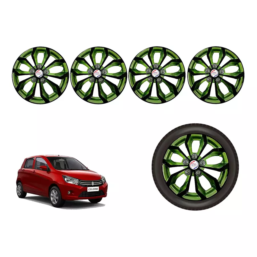 Auto Pearl BlkGn07_R Press Type Car Wheel Cover with Retention Ring 33.02 cm (13 Inch) Glossy Black, Green for Maruti Celerio (Set of 4)