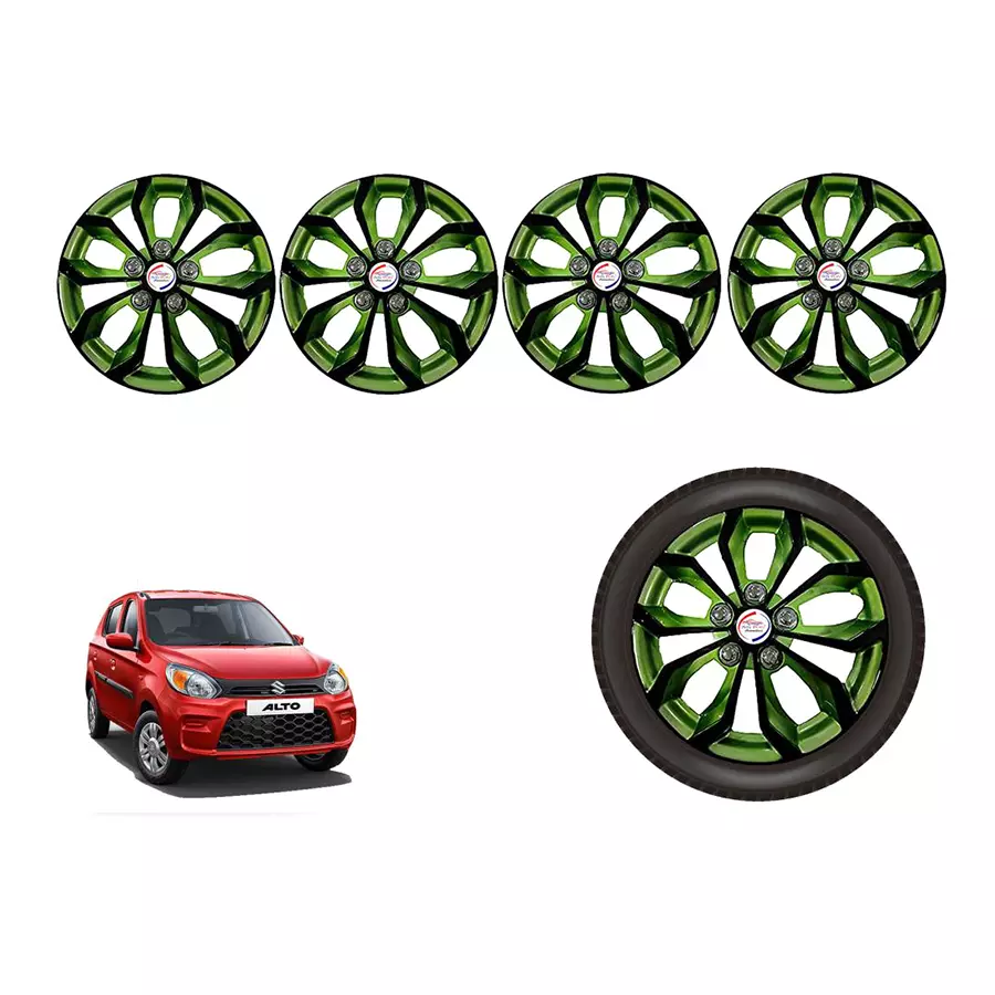 Auto Pearl BlkGn05_R Press Type Car Wheel Cover with Retention Ring 304.8 mm (12 Inch) Glossy Black, Green for Maruti Alto 800 LXI (Set of 4)
