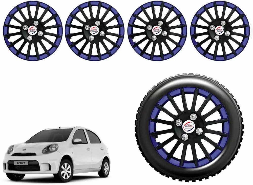 Auto Pearl CBB18 R13  33.02 cm (13 Inch) Press Type Wheel Hubcap with Retention Ring Glossy Black Blue Wheel Cover for Nissan Micra XL CVT (Set of 4)