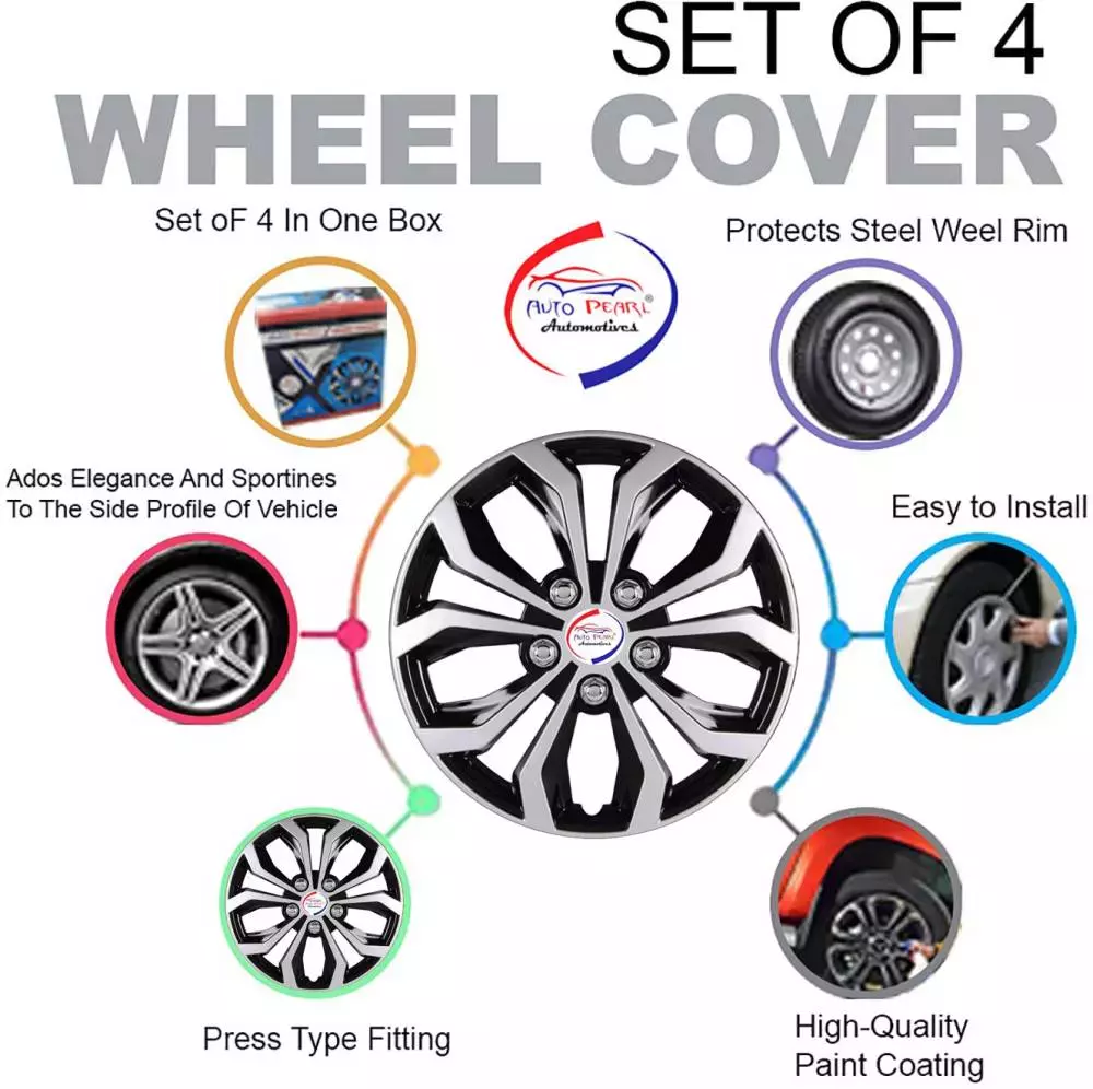 Auto Pearl Co01 14 in 35.56 cm (14 Inch) ch PPress Type Wheel Cap Hubcap with Retention Ring Glossy Wheel Cover for Renault Kwid (Set of 4)