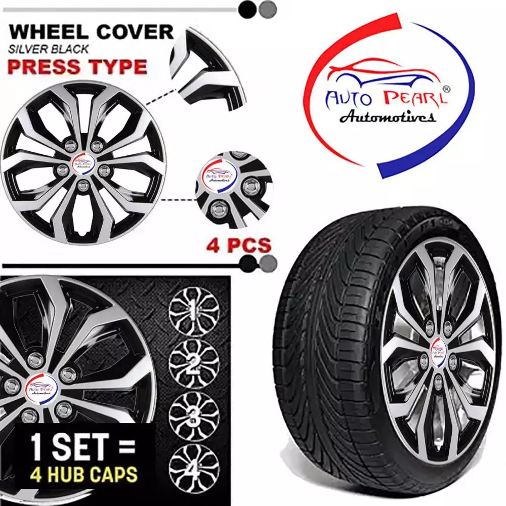 Auto Pearl Co18 14 in 35.56 cm (14 Inch) ch PPress Type Wheel Cap Hubcap with Retention Ring Glossy Black Wheel Cover for Honda Jazz (Set of 4)