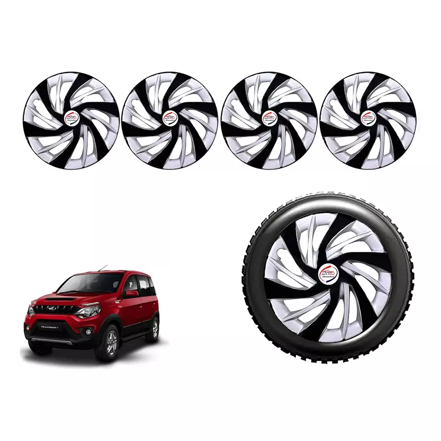 Auto Pearl BlkSil34_R Press Type Car Wheel Cover with Retention Ring 381 mm(15 Inch) Glossy Black, Silver for Mahindra NuvoSport N4 (Set of 4)