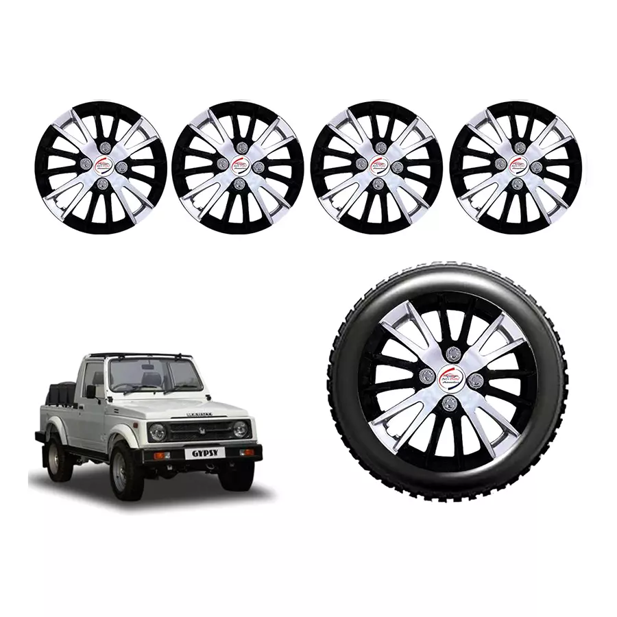 Auto Pearl cWB23_R Press Type Car Wheel Cover with Retention Ring 381 mm(15 Inch) Glossy White, Black for Maruti Gypsy King (Set of 4)