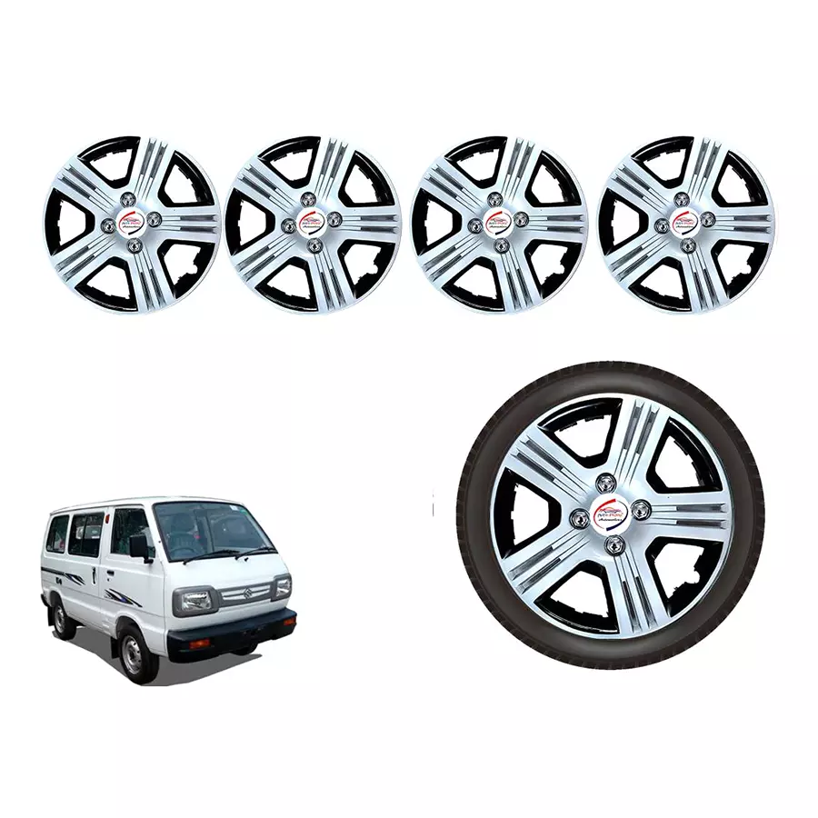 Auto Pearl iBlk07_R Press Type Car Wheel Cover with Retention Ring 304.8 mm (12 Inch) Glossy Silver, Black for Maruti Omni (Set of 4)