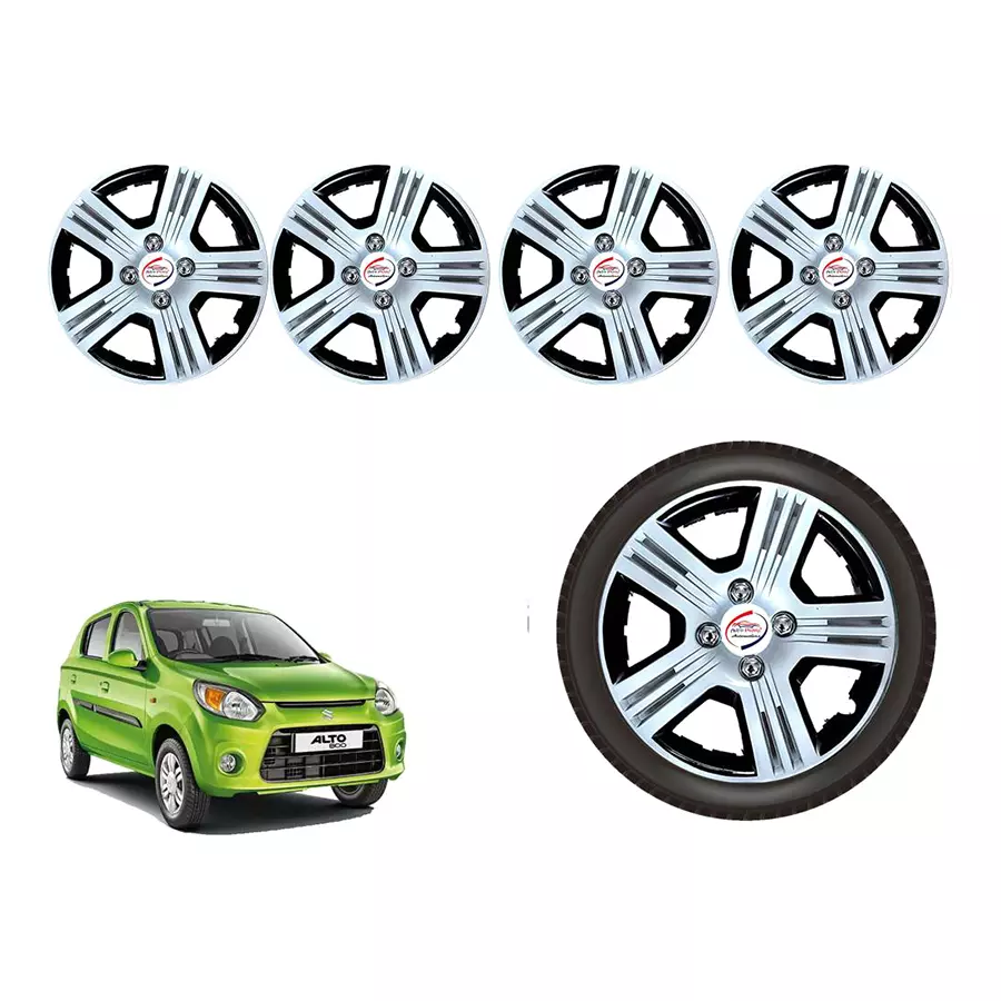 Auto Pearl iBlk04_R Press Type Car Wheel Cover with Retention Ring 304.8 mm (12 Inch) Glossy Silver, Black for Maruti Alto 800 VXI (Set of 4)