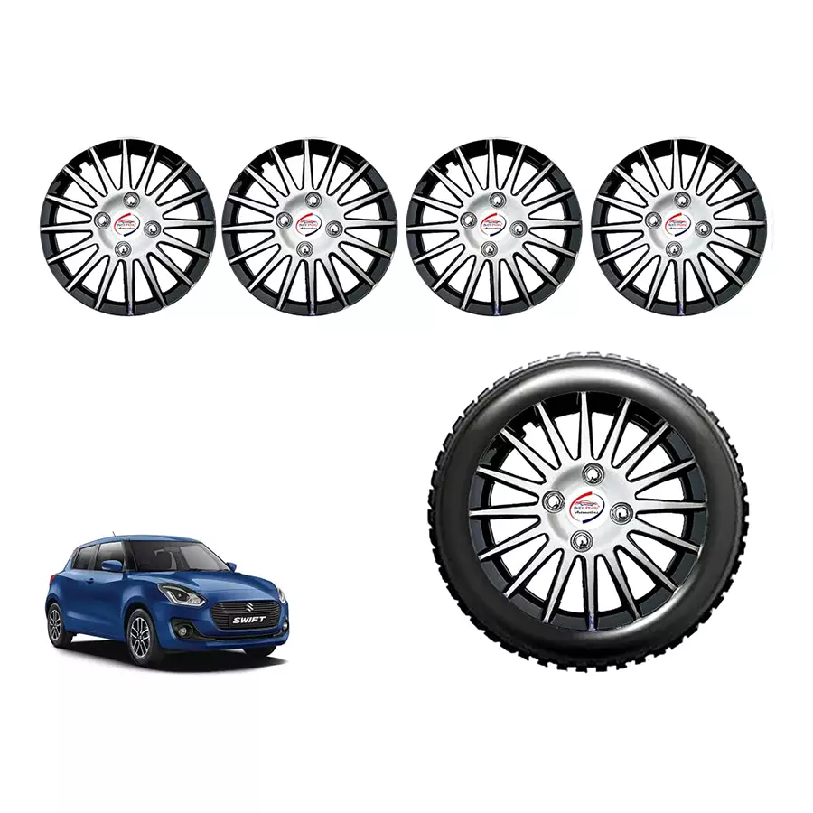 Auto Pearl CDC43_R Press Type Car Wheel Cover with Retention Ring 35.56 cm (14 Inch) Glossy Silver, Black for Maruti New Swift (Set of 4)