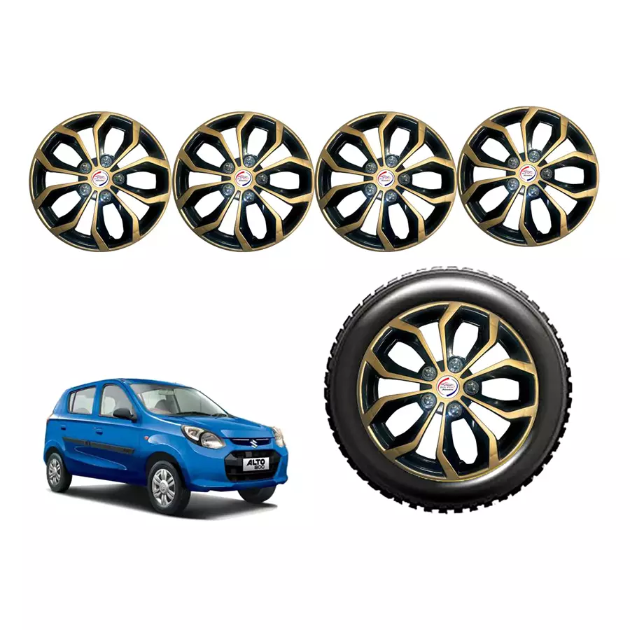 Auto Pearl GoDC02_R Press Type Car Wheel Cover with Retention Ring 304.8 mm (12 Inch) Glossy Gold, Black for Maruti Alto 800 (Set of 4)