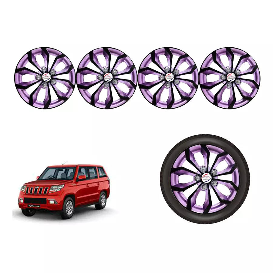 Auto Pearl VioRev49_R Press Type Car Wheel Cover with Retention Ring 381 mm(15 Inch) Glossy Purple, Black for Mahindra TUV 300 Plus P4 (Set of 4)