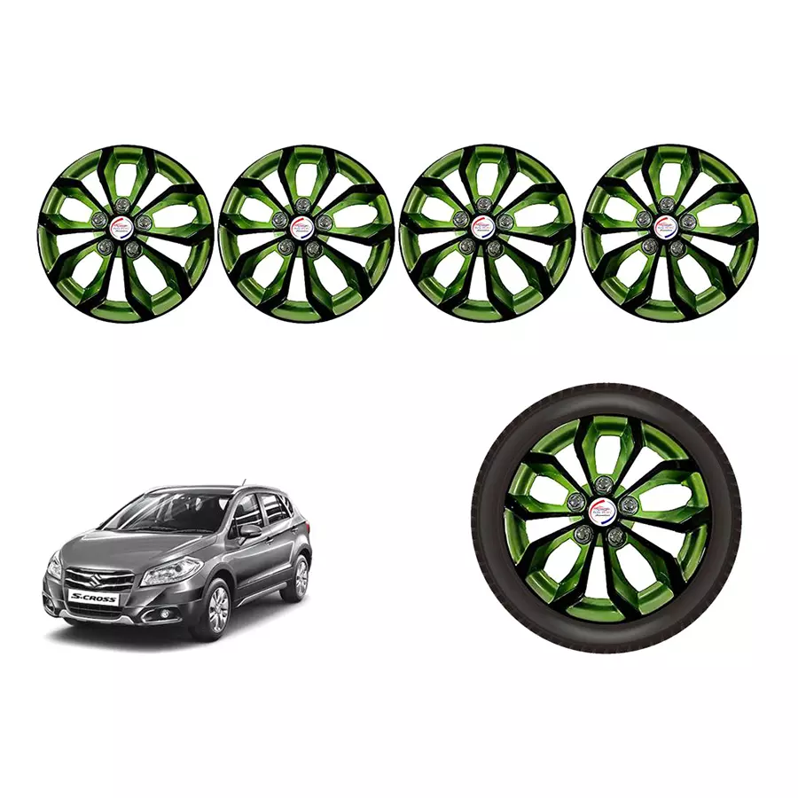 Auto Pearl BlkGn41_R Press Type Car Wheel Cover with Retention Ring 381 mm(15 Inch) Glossy Black, Green for Maruti S-Cross (Set of 4)