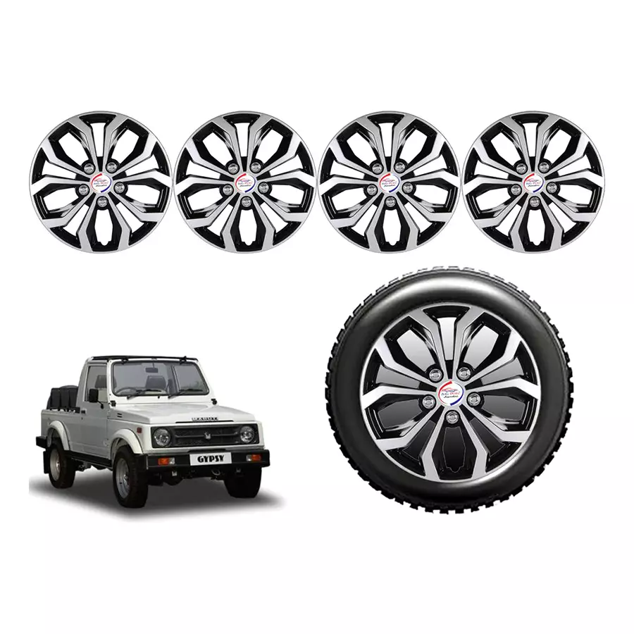 Auto Pearl pDC23_R Press Type Car Wheel Cover with Retention Ring 381 mm(15 Inch) Glossy Silver, Black for Maruti Gypsy King (Set of 4)