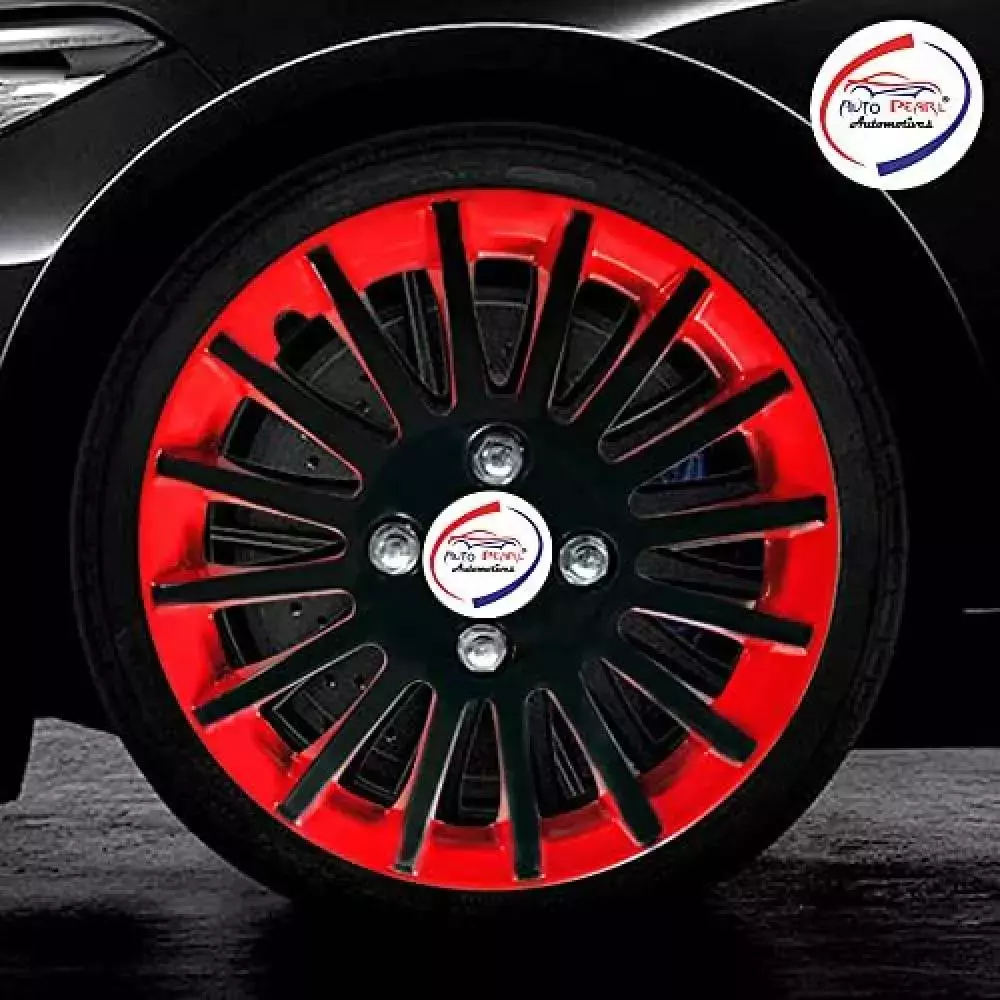 Auto Pearl CBR10 R12  304.8 mm (12 Inch) Press Type Wheel Hubcap with Retention Ring Glossy Black Red Wheel Cover for Universal for Car Universal for Car (Set of 4)
