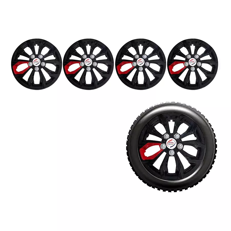 Auto Pearl B-Rst01_R Press Type Car Wheel Cover with Retention Ring 304.8 mm (12 Inch) Glossy Black, Red for Universal Car (Set of 4)