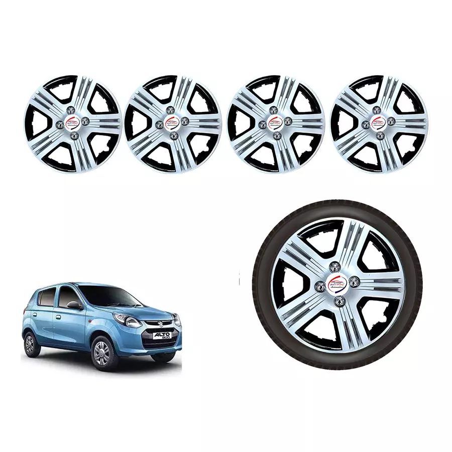 Auto Pearl iBlk03_R Press Type Car Wheel Cover with Retention Ring 304.8 mm (12 Inch) Glossy Silver, Black for Maruti Alto 800 STD (Set of 4)