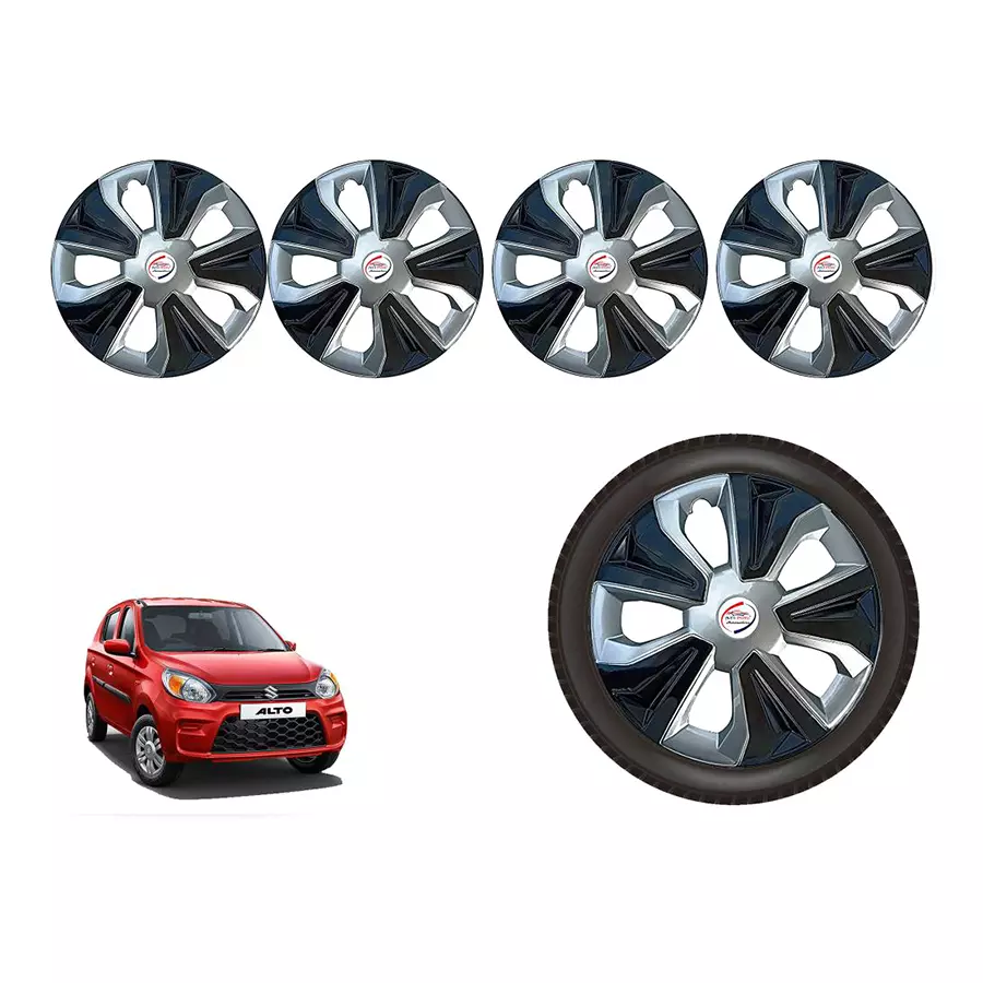 Auto Pearl SLBK05_R Press Type Car Wheel Cover with Retention Ring 304.8 mm (12 Inch) Glossy Silver, Black for Maruti Alto 800 LXI (Set of 4)