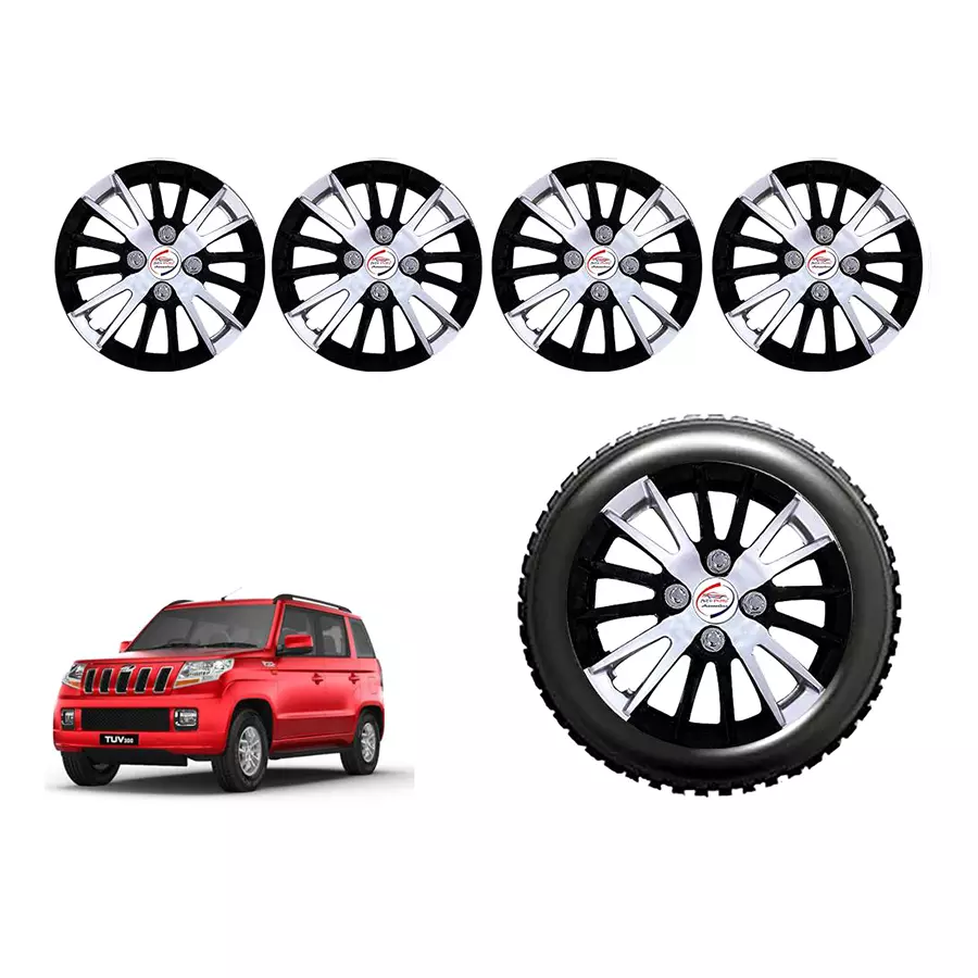 Auto Pearl cWB48_R Press Type Car Wheel Cover with Retention Ring 381 mm(15 Inch) Glossy White, Black for Mahindra TUV-300 (Set of 4)
