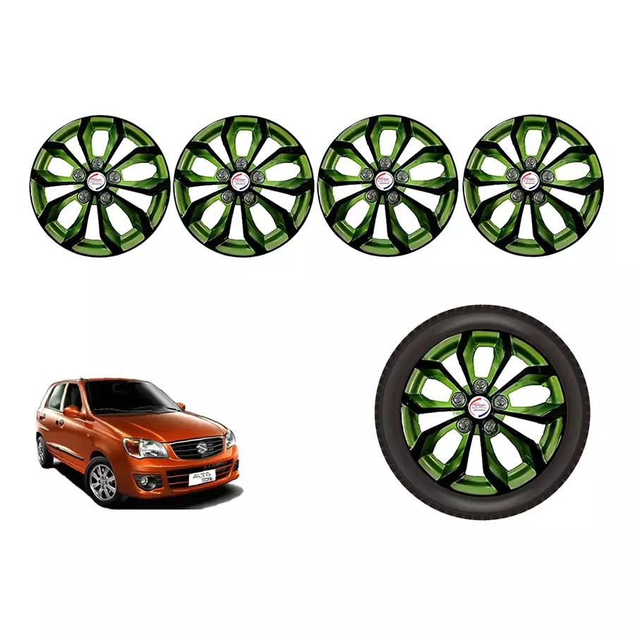Auto Pearl BlkGn01_R Press Type Car Wheel Cover with Retention Ring 33.02 cm (13 Inch) Glossy Black, Green for Maruti A-Star (Set of 4)