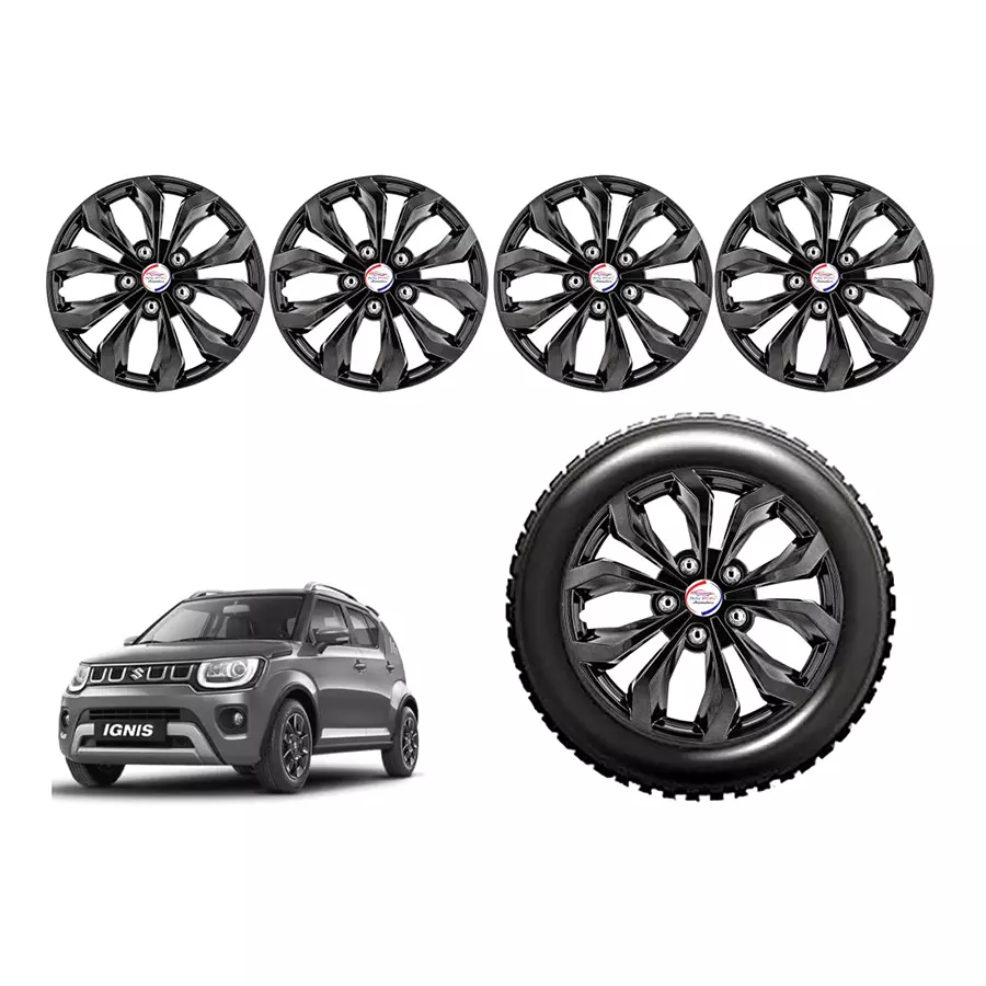 Auto Pearl Blk26_R Press Type Car Wheel Cover with Retention Ring 381 mm(15 Inch) Glossy Black for Maruti Ignis 1.2 AMT Delta Petrol (Set of 4)