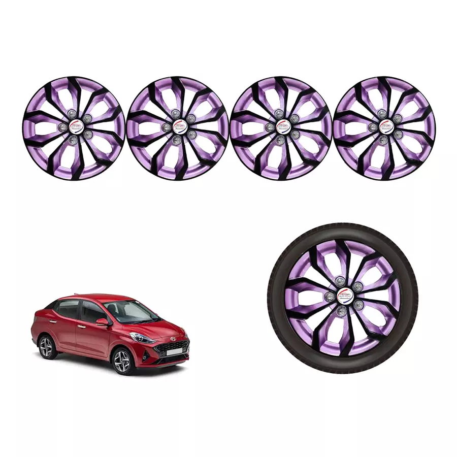 Auto Pearl VioRev01_R Press Type Car Wheel Cover with Retention Ring 381 mm(15 Inch) Glossy Purple, Black for Aura S AMT Petrol (Set of 4)