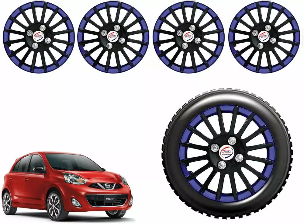 Auto Pearl CBB34 R14 35.56 cm (14 Inch) Press Type Wheel Hubcap with Retention Ring Glossy Black Blue Wheel Cover for Nissan Micra Diesel XE (Set of 4)