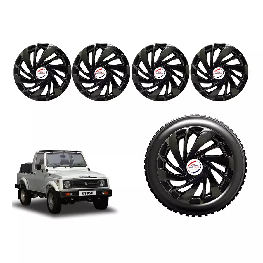 Auto Pearl ErBLK23_R Press Type Car Wheel Cover with Retention Ring 381 mm(15 Inch) Glossy Black for Maruti Gypsy King (Set of 4)